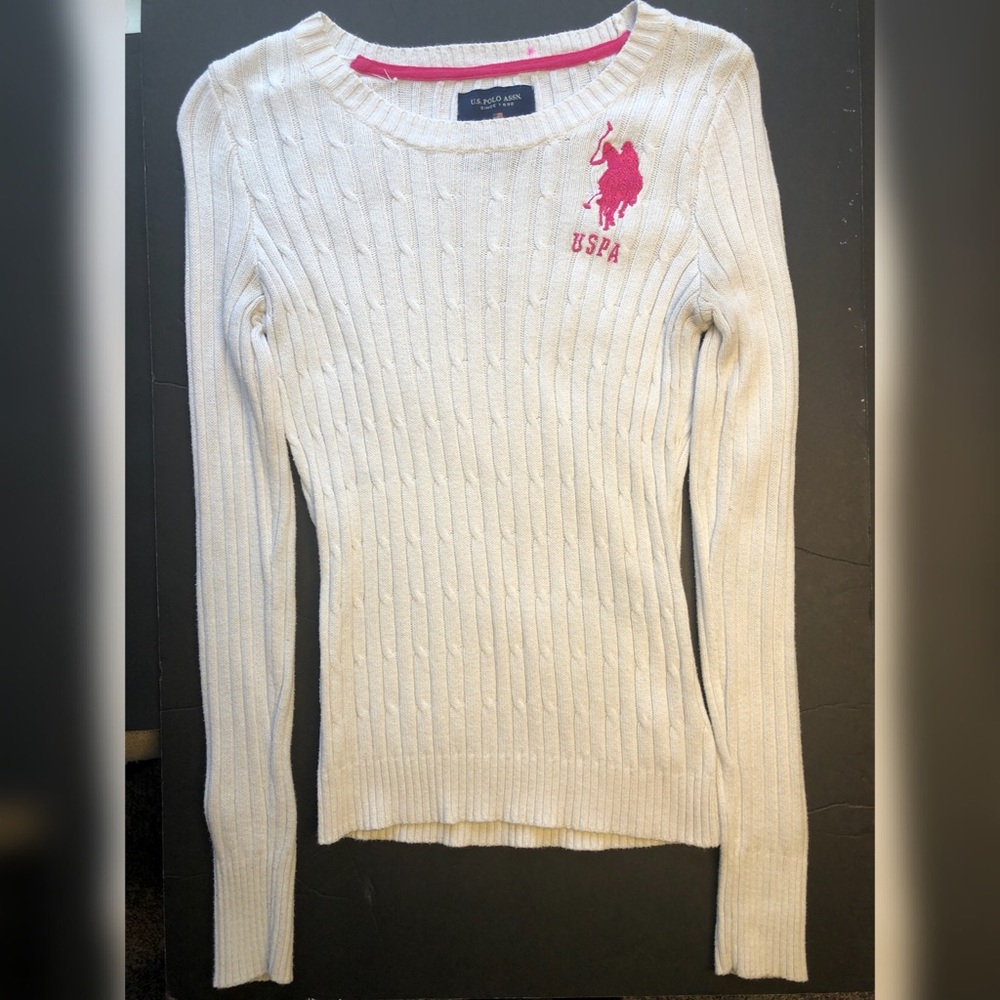 White U S Polo Sweater with Pink Logo
